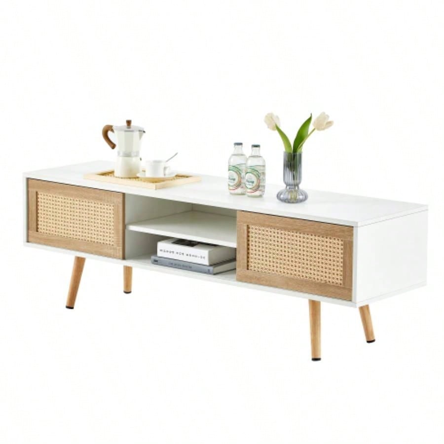 55.12 Rattan TV cabinet, double sliding doors storage, adjustable shelf, solid wood, TV console living room, White