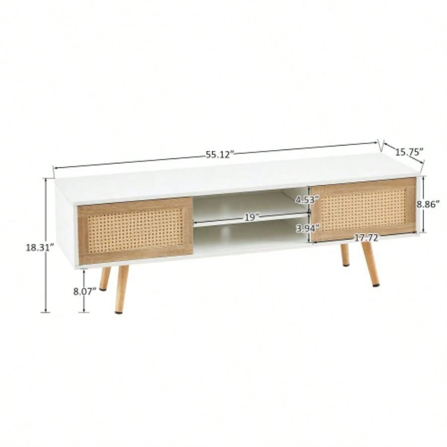 55.12 Rattan TV cabinet, double sliding doors storage, adjustable shelf, solid wood, TV console living room, White