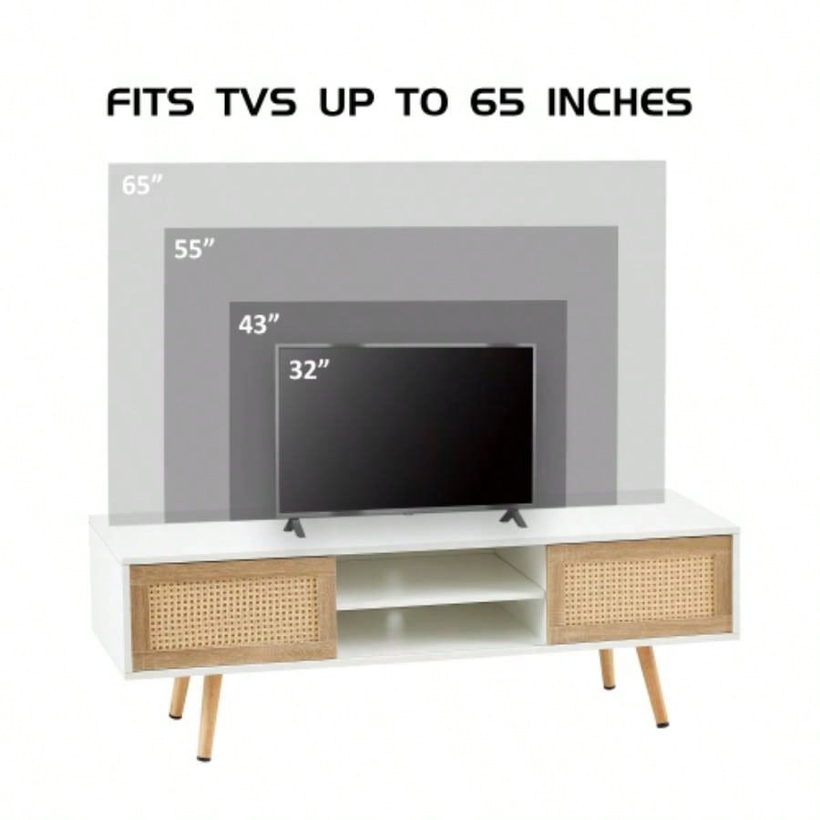 55.12 Rattan TV cabinet, double sliding doors storage, adjustable shelf, solid wood, TV console living room, White