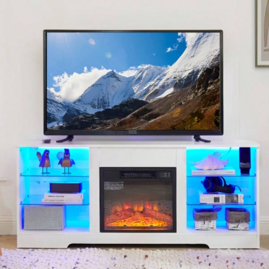 TV Stand Fireplace Glass Shelves, 3D Fireplace TV Stand with LED Lights Wood with USB Charging Outlet Modern Television Table Center TV up to 62 ESP, 5815.5D*24.4
