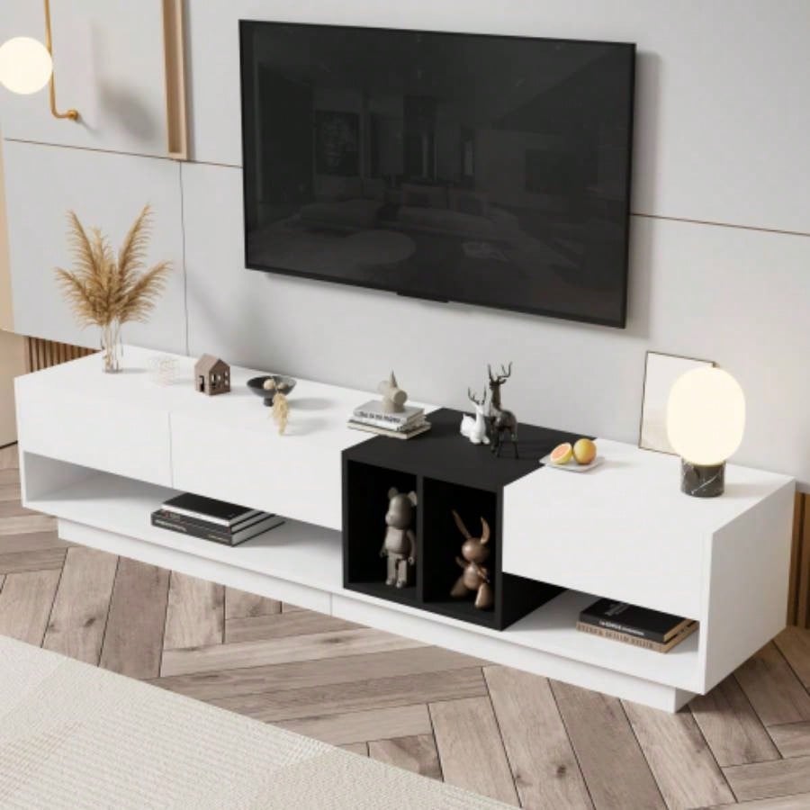 ON - TREND Sleek and Stylish TV Stand with Storage Solution, Two - tone Media Console TVs Up to 80 Functional TV Cabinet with Versatile Compartment Living Room, Black