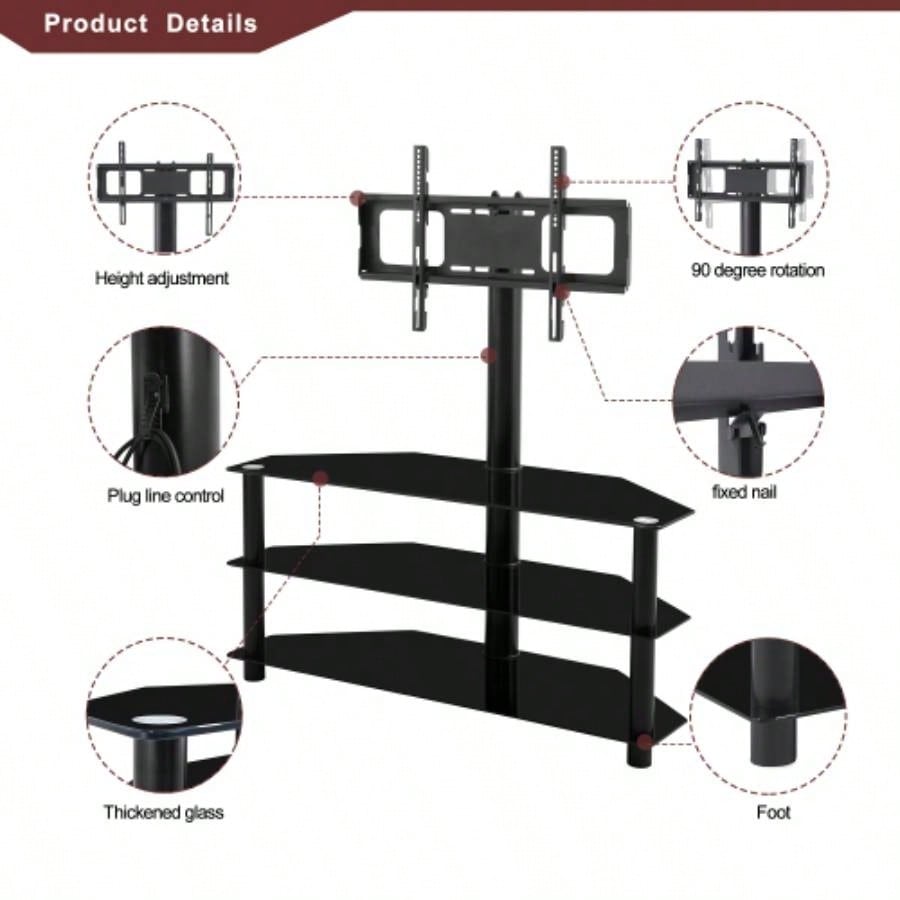 35.4 inch Black Multi - function TV Stand Height Adjustable Bracket Swivel 3 - Tier