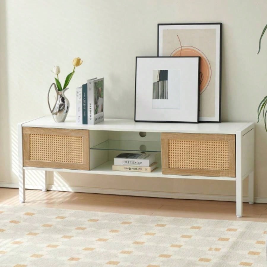 54.33 Rattan TV cabinet with variable color light strip, double sliding doors storage, adjustable shelf, metal, TV console living room, natural