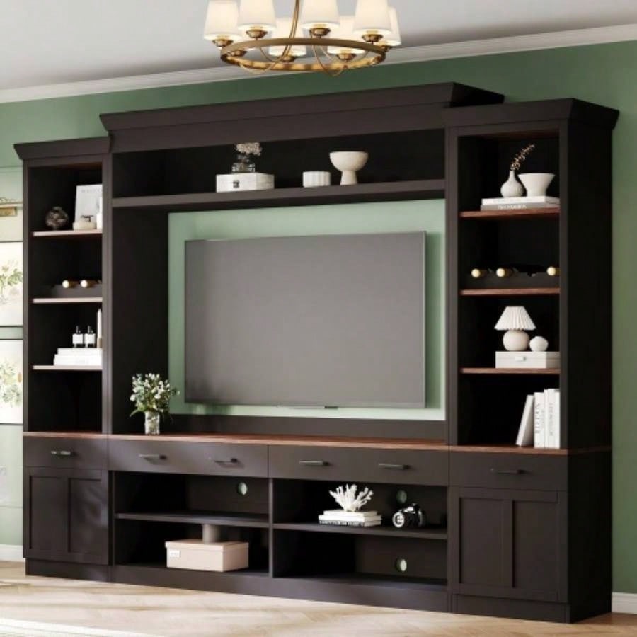 ON - TREND Minimalist Entertainment Wall Unit Set with Bridge TVs Up to 75 Ample Storage Space TV Stand with Adjustable Shelves, Modernist Large Media Console Living Room, Black