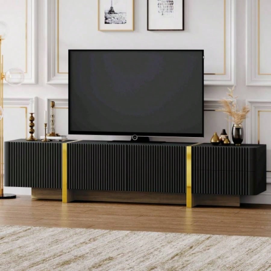 VIDEO provided ON - TREND White Black Contemporary Rectangle Design TV Stand, Unique Style TV Console Table TVs Up to 80 Modern TV Cabinet with High Gloss Surface Living Room.