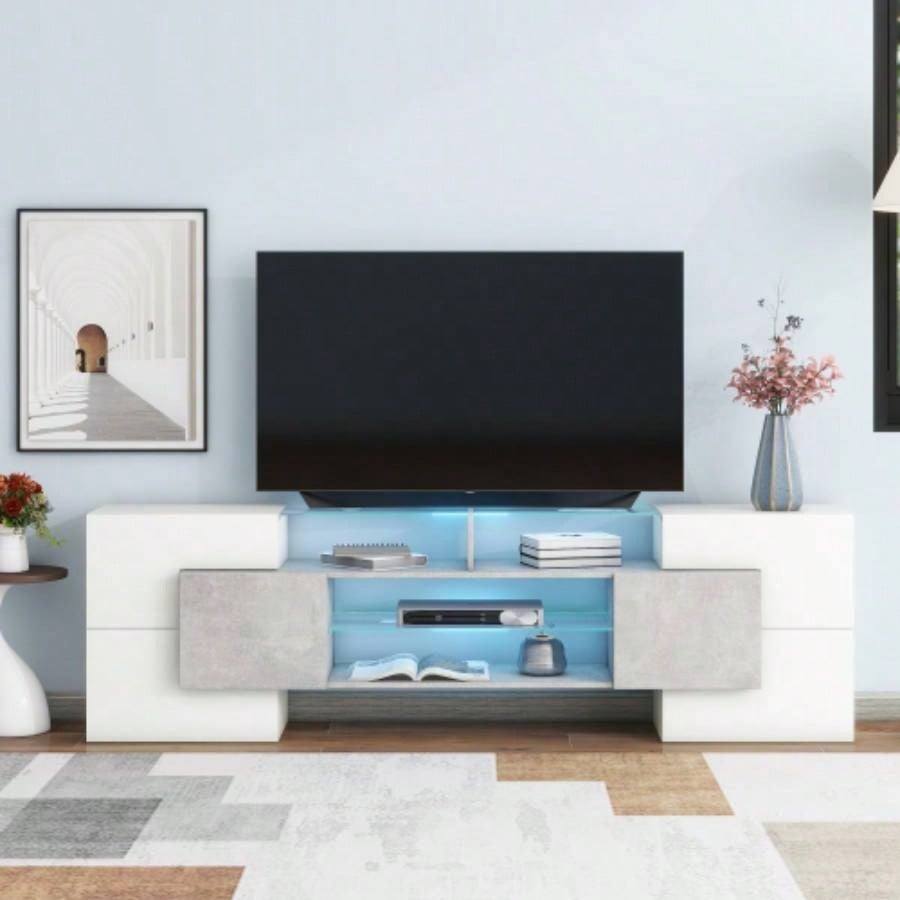 ON - TREND Unique Shape TV Stand with 2 Illuminated Glass Shelves, High Gloss Entertainment Center TVs Up to 88 Versatile TV Cabinet with LED Color Changing Lights Living Room,