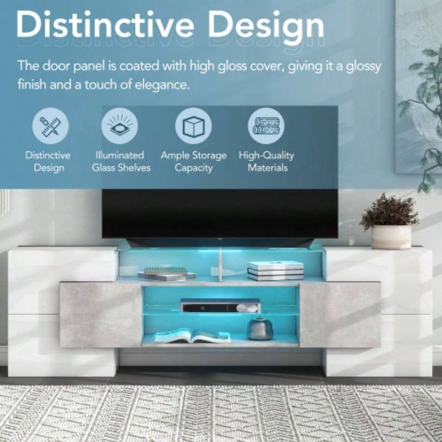 ON - TREND Unique Shape TV Stand with 2 Illuminated Glass Shelves, High Gloss Entertainment Center TVs Up to 88 Versatile TV Cabinet with LED Color Changing Lights Living Room,