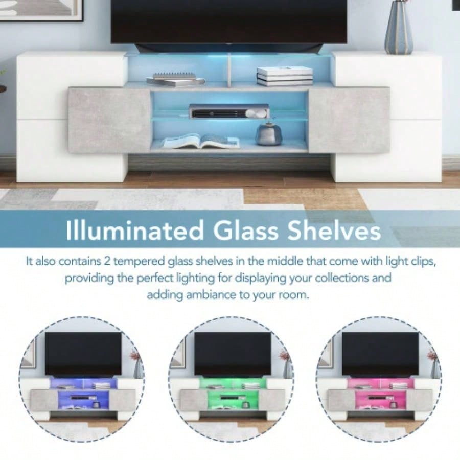 ON - TREND Unique Shape TV Stand with 2 Illuminated Glass Shelves, High Gloss Entertainment Center TVs Up to 88 Versatile TV Cabinet with LED Color Changing Lights Living Room,