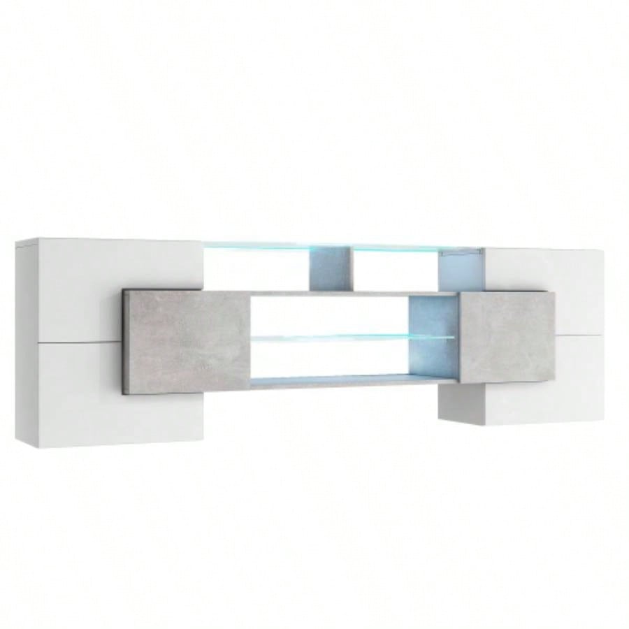 ON - TREND Unique Shape TV Stand with 2 Illuminated Glass Shelves, High Gloss Entertainment Center TVs Up to 88 Versatile TV Cabinet with LED Color Changing Lights Living Room,