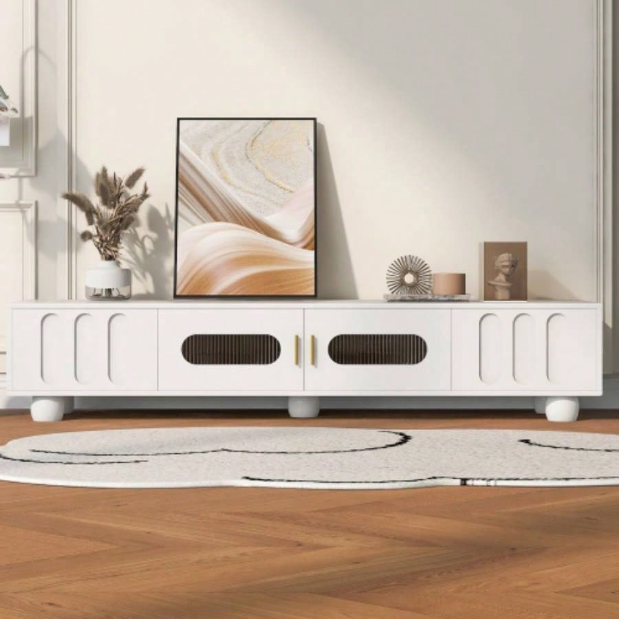 U - Can Modern TV Stand TVs up to 80 Inches, Entertainment Center with Glass Door, TV Storage Cabinet with Solid Wood and Metal Handles Living roomOLD SKU: WF323694AAB