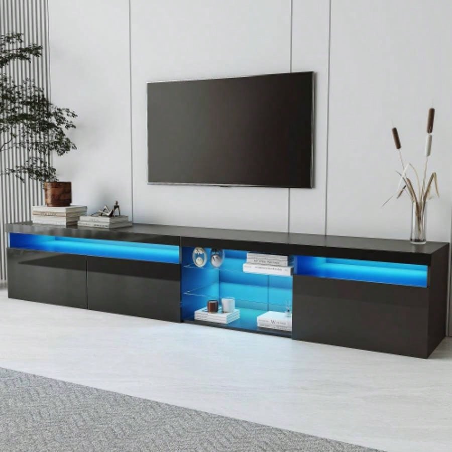 ON - TREND Unique Design TV Stand with 2 Glass Shelves, Ample Storage Space Media Console TVs Up to 105 Versatile TV Cabinet with LED Color Changing Lights Living Room, White
