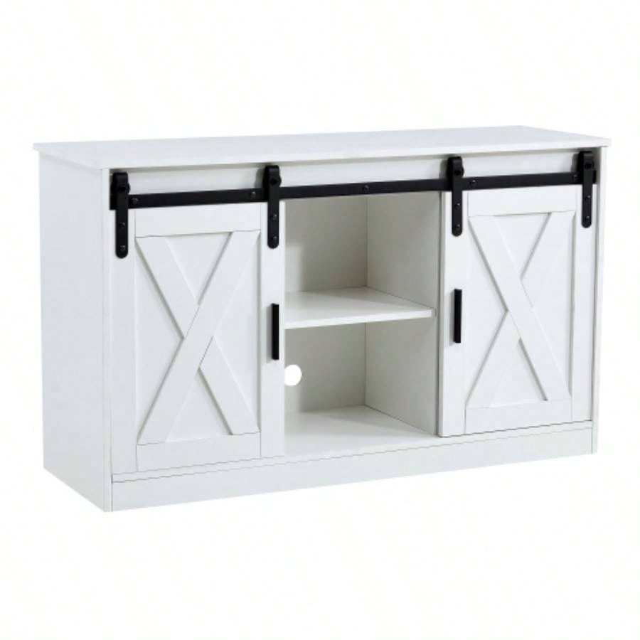 White decorative wooden TV/ storage cabinet with two sliding barn doors, available bedroom, living room, corridor.
