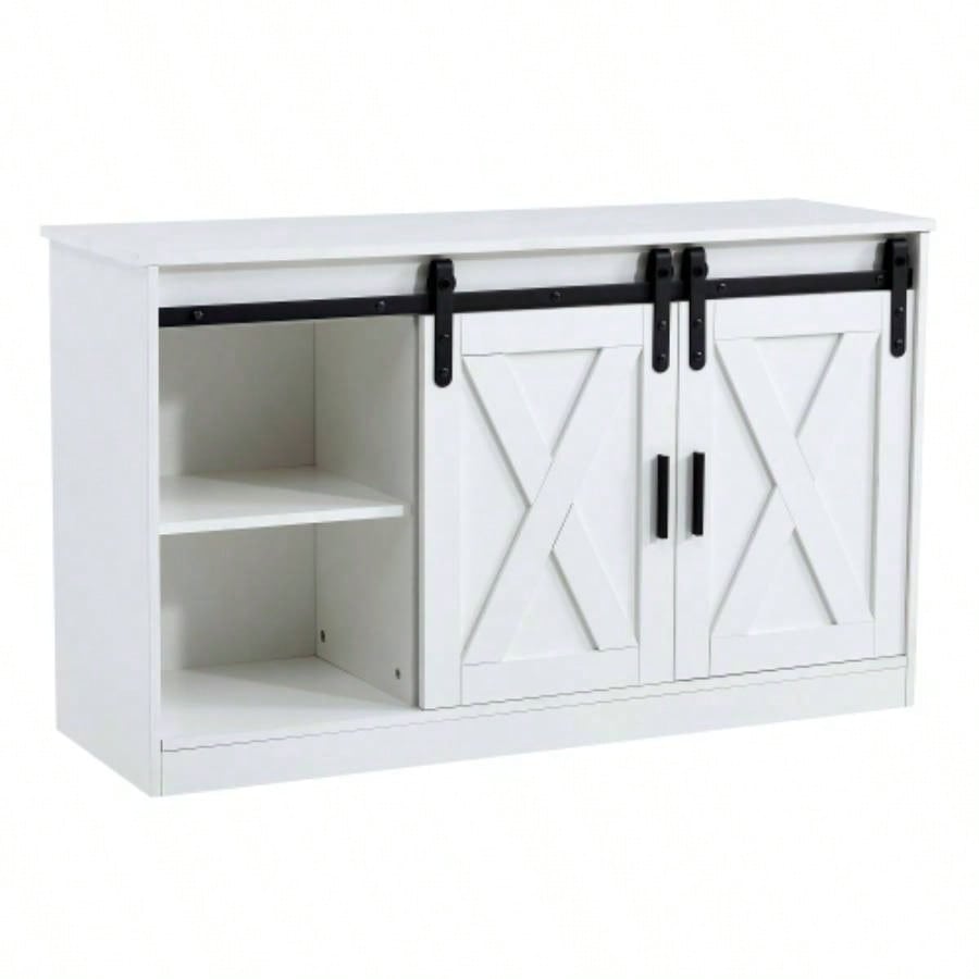 White decorative wooden TV/ storage cabinet with two sliding barn doors, available bedroom, living room, corridor.