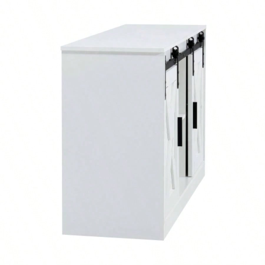 White decorative wooden TV/ storage cabinet with two sliding barn doors, available bedroom, living room, corridor.