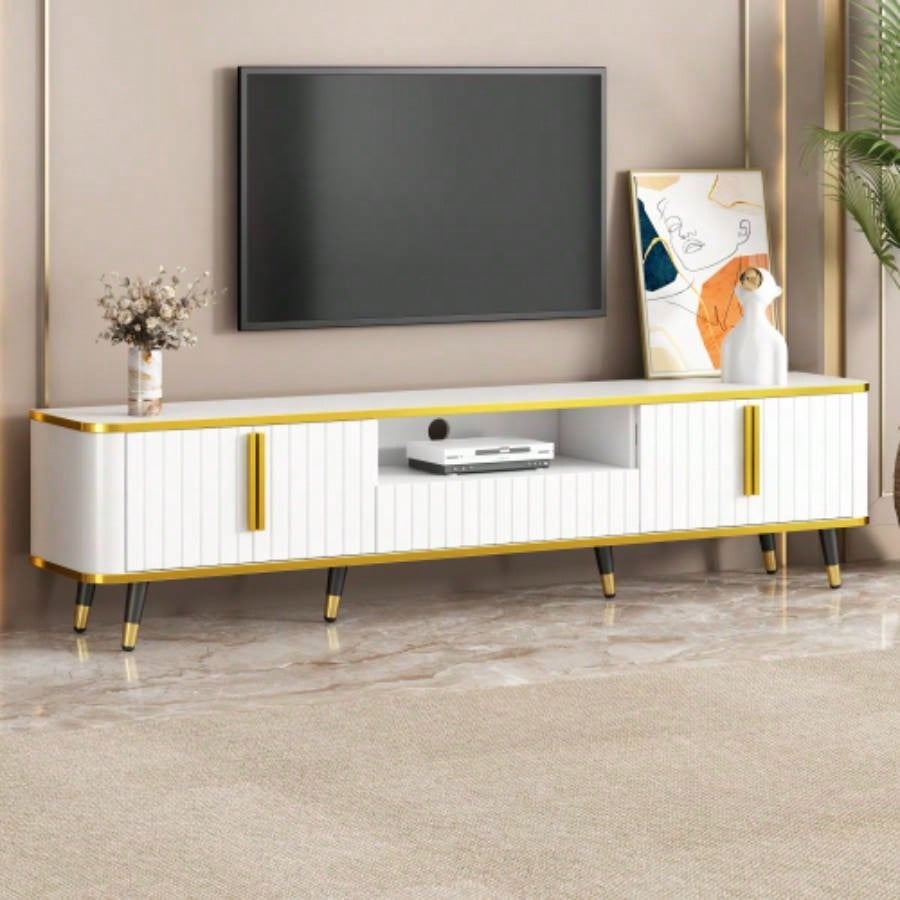ON - TREND Luxury Minimalism TV Stand with Open Storage Shelf TVs Up to 85 Entertainment Center with Cabinets and Drawers, Practical Media Console with Unique Living Room, Black