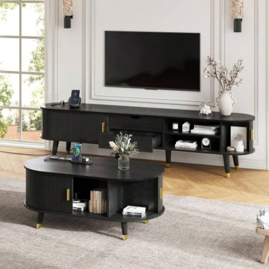 Assembly VideoWooden Oval Fluted TV Stand with Charging Station TV up to 80 Mid - Media Console with Sliding Tambour Door, Farmhouse TV Cabinet with Golden Handle Living Room, Black
