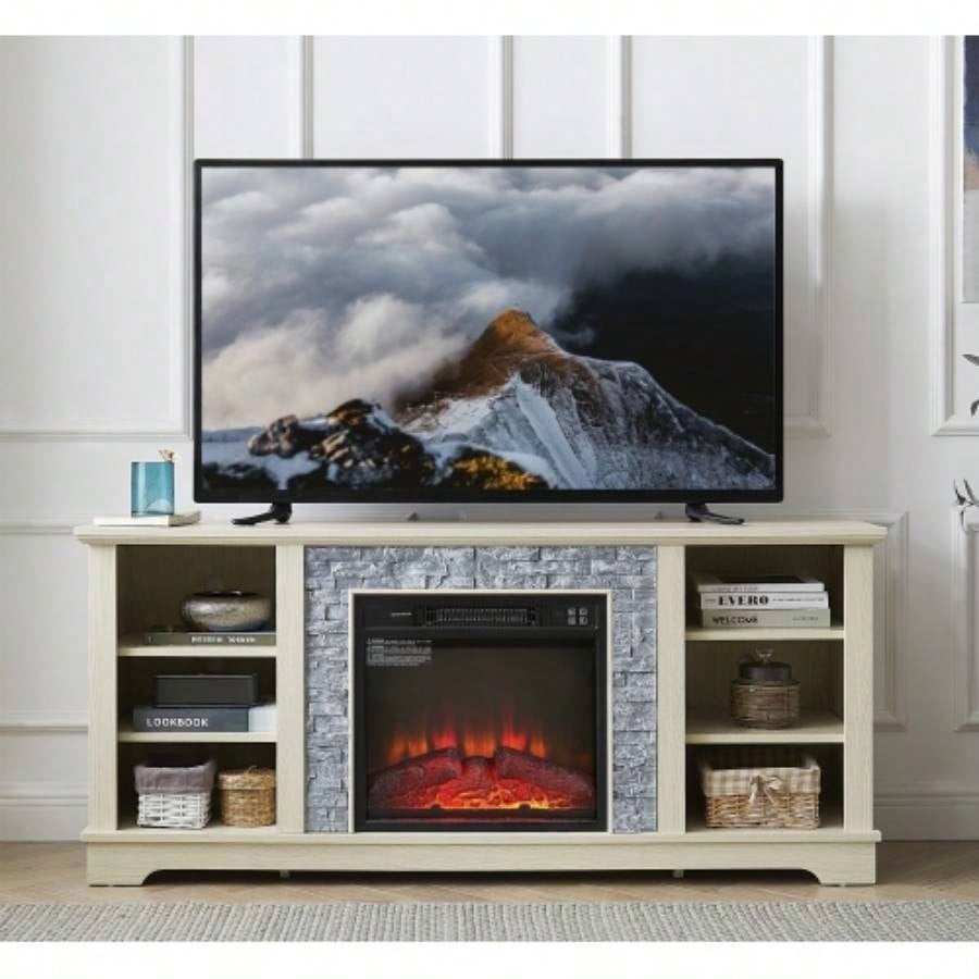 Mantel Stone TV Media Stand with with Faux Stacked Stone Surround, Modern Entertainment Console with Open Storage Space, 58.3115.39D*26.06H