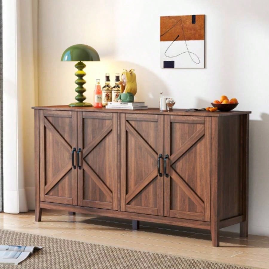 Cabinet with 4 Doors and 4 open shelgves, Freestanding Sideboard Storage Cabinet Entryway Floor Cabinet Living Room Office Bedroom