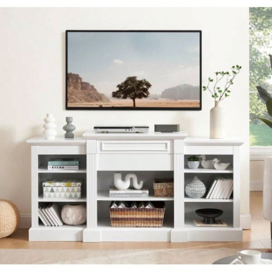 Media Console Table with Large Storage Cabinet, with 23 Fireplace Insert, TV Up to 70 Modern TV Media Entertaionment Stand, White, 65.7517D*32.48H