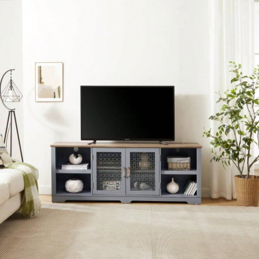 Modern Farmhouse TV Media Stand, Large Home Entertainment Console, TV Up to 80 with Open Shelves and Glass Door Cabinets, Light Blue and Light Oak, 7015.55D*26.85H