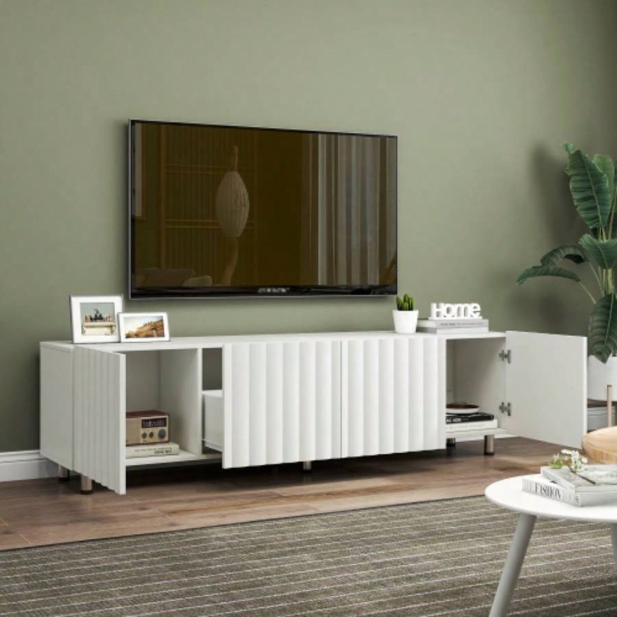 TV Stand 65+ Inch TV, Modern TV Stand Living Room, Entertainment Center with Storage 2 Drawers, TV Media Console Cabinet Bedroom, White