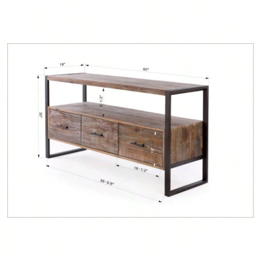 60 inch Reclaimed wood Media TV Console table with 3 Drarwer, Open Shelf, Antique