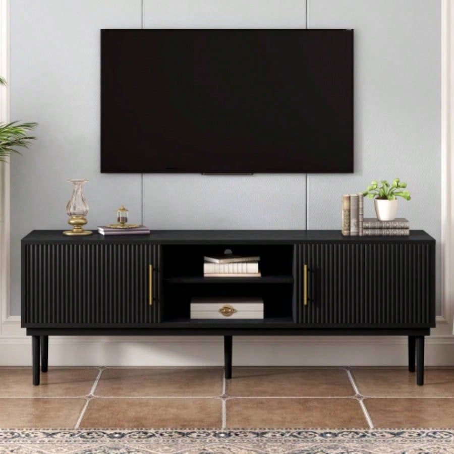 Mirod Stylish TV Stand with Vertical Striped Doors, Space - Saving Sliding Door Design, Sturdy Solid Wood, Versatile as TV Console or Side Cabinet