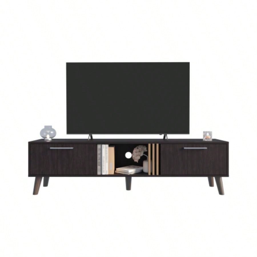 TV Stand, 2 Doors, 1 Shelf, Black/ Natural Oak