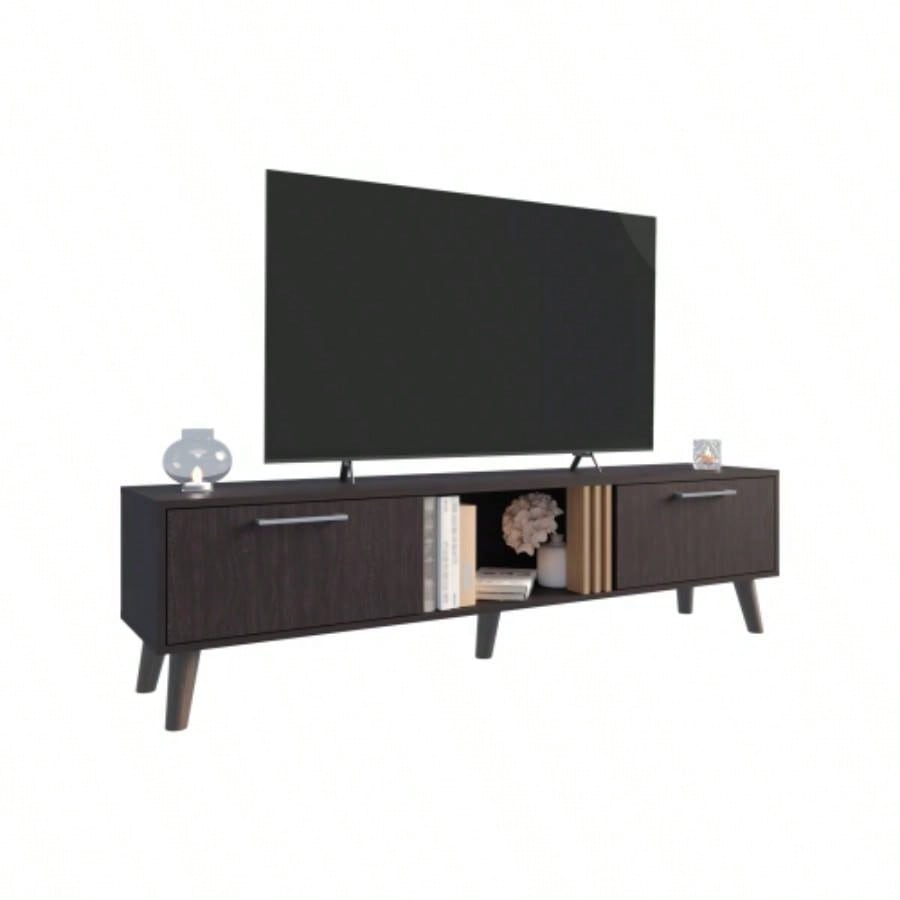 TV Stand, 2 Doors, 1 Shelf, Black/ Natural Oak