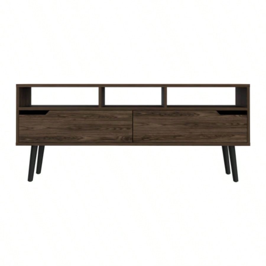 Tv Stand TVs up 52 Three Open Shelves, Two Flexible Drawers, Dark Walnut