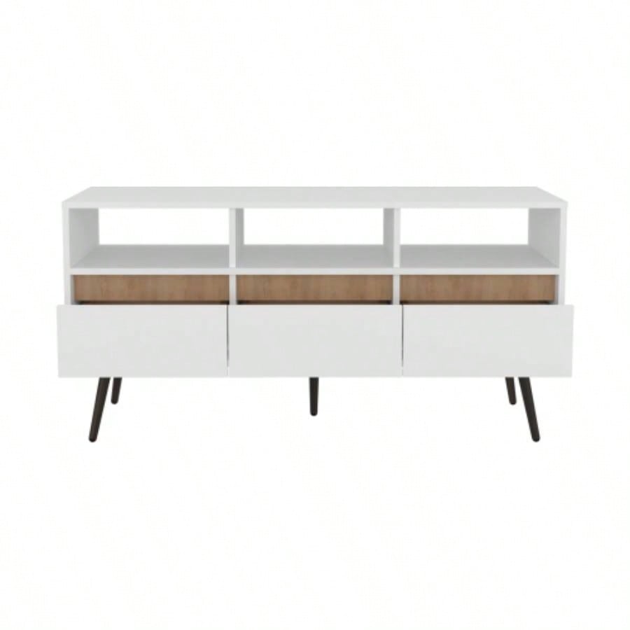 TV Stand, 3 Drawers, 3 Shelves, White/ Natural Oak