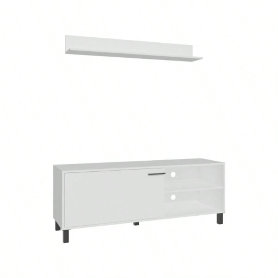 Living Room Set, Tv Stand+ Wall Shelf, 1 Door, 3 Shelves, White