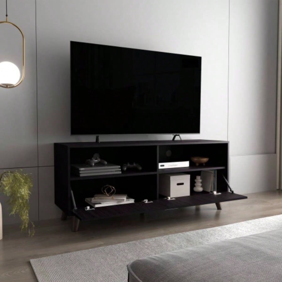 Tv Stand, 1 Door, 2 Shelves, Black Wengue