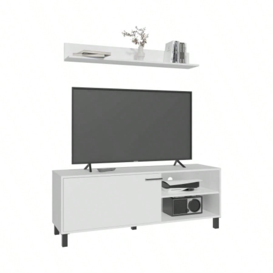 Living Room Set, Tv Stand+ Wall Shelf, 1 Door, 3 Shelves, White