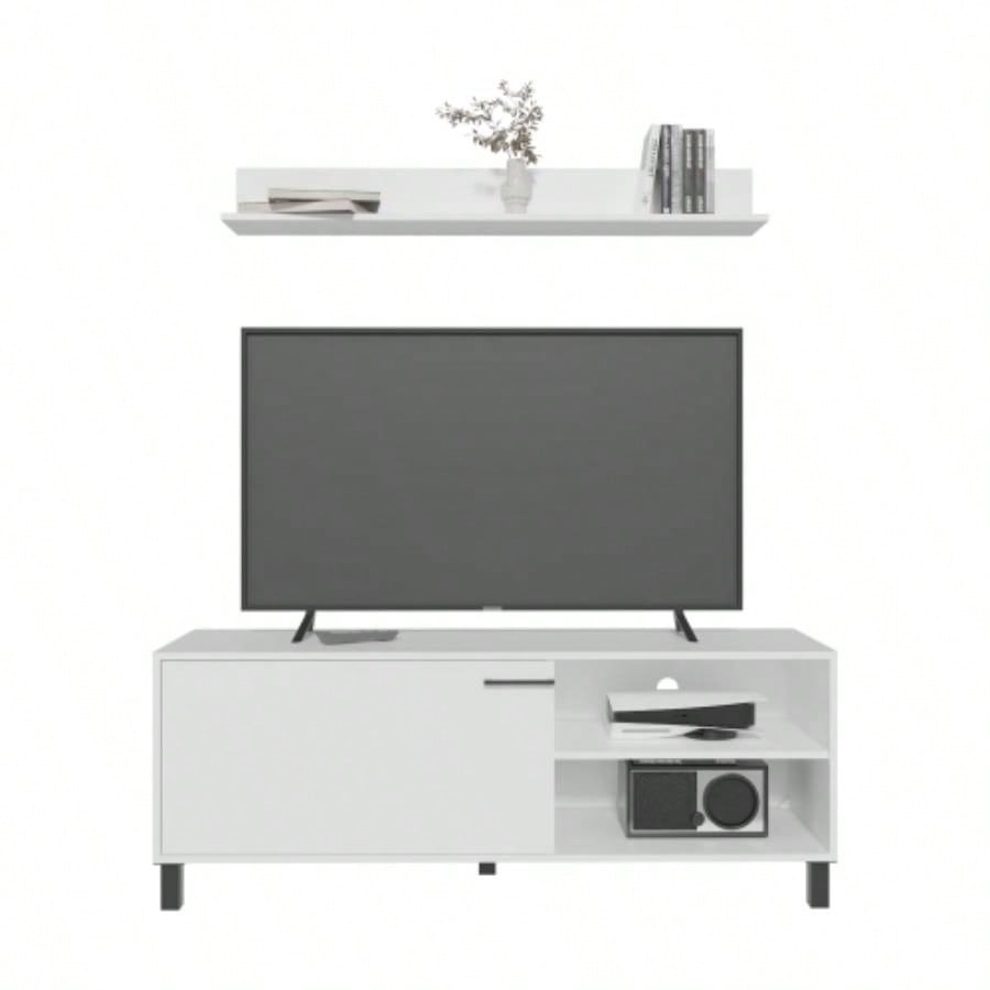 Living Room Set, Tv Stand+ Wall Shelf, 1 Door, 3 Shelves, White