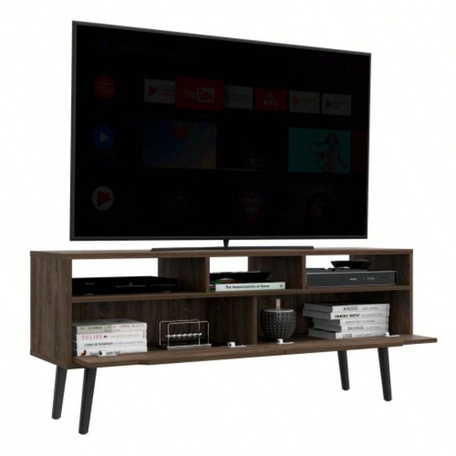 Tv Stand TVs up 52 Bull, Three Open Shelves, Two Flexible Drawers, Dark Walnut