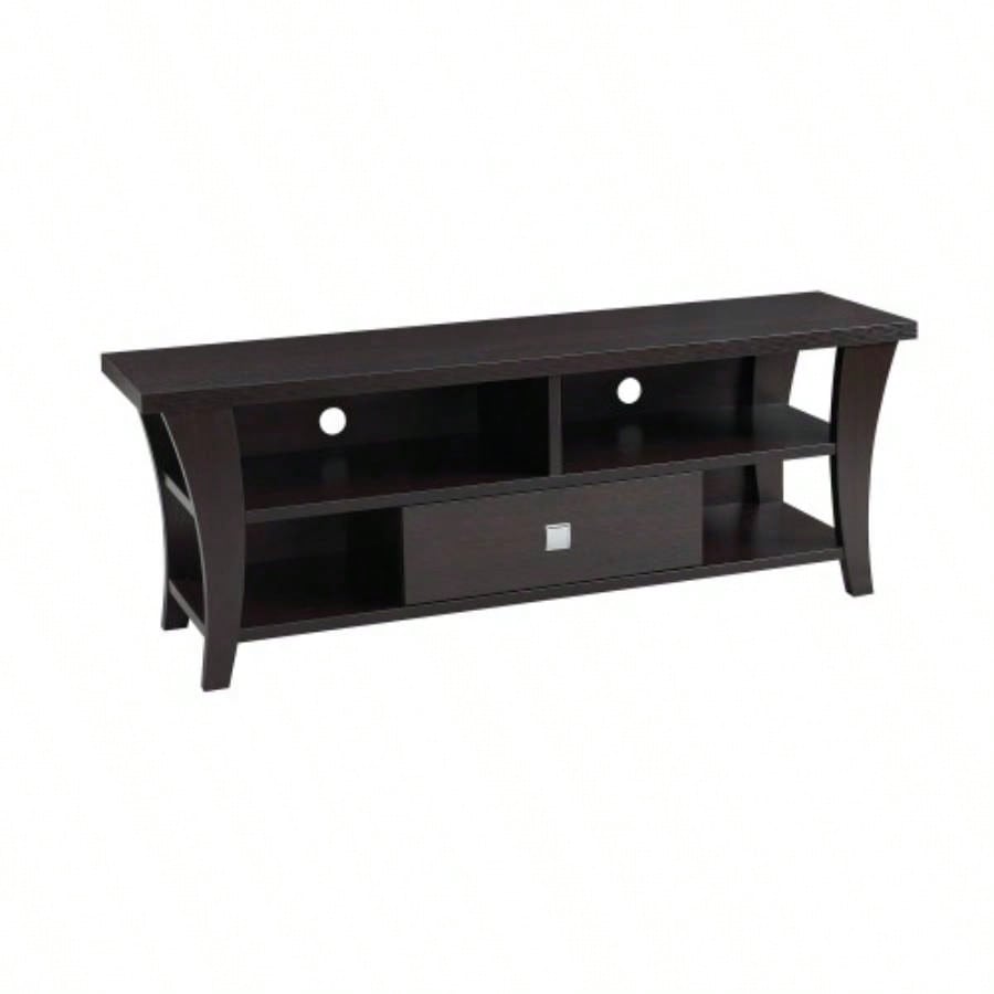 TV Stand Cabinet with curved one drawers on metal glides metal square handle modern design divided shelf two cubbies