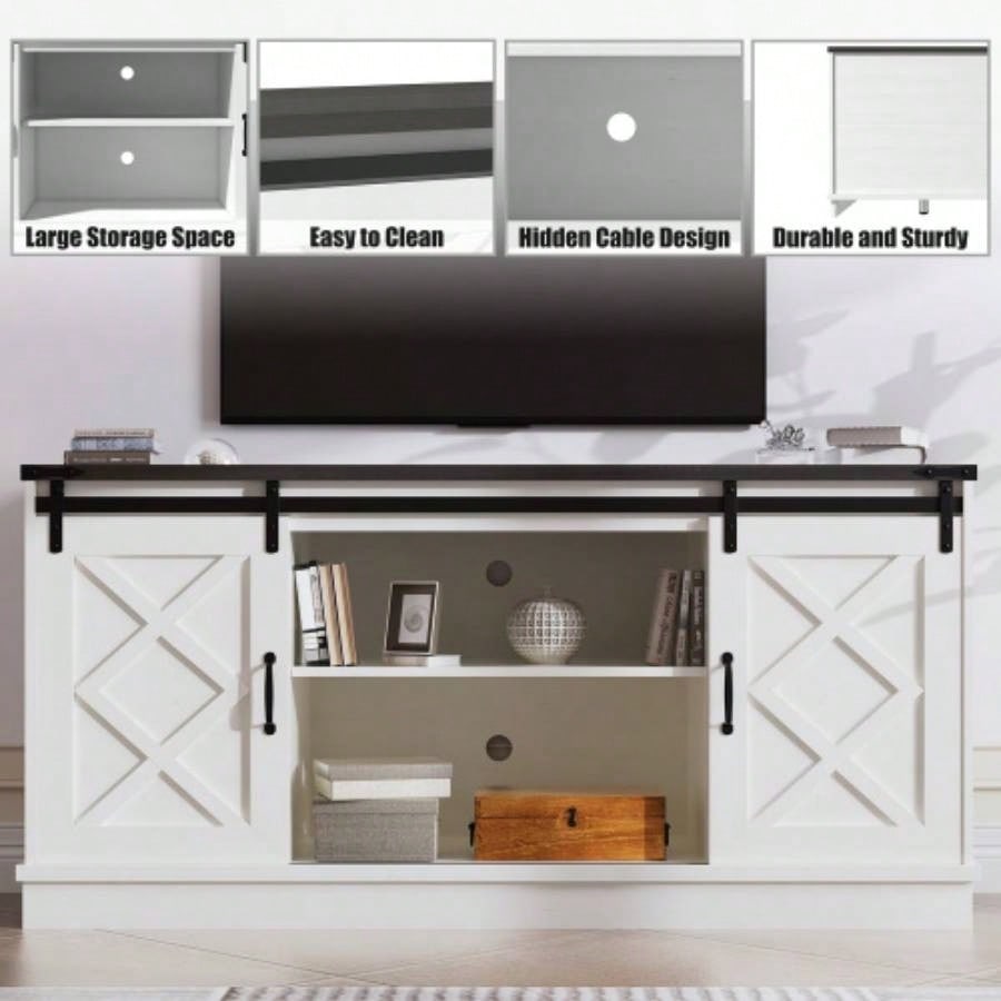 Farmhouse TV Stand wih Storage, 58 Entertainment Center with Sliding Barn Door, Wooden Media TV Console with Height Adjustable Shelves Living Room