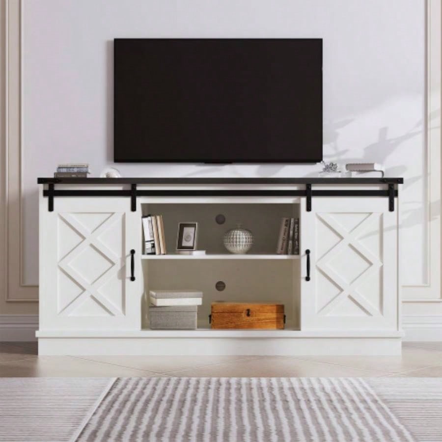 Farmhouse TV Stand wih Storage, 58 Entertainment Center with Sliding Barn Door, Wooden Media TV Console with Height Adjustable Shelves Living Room