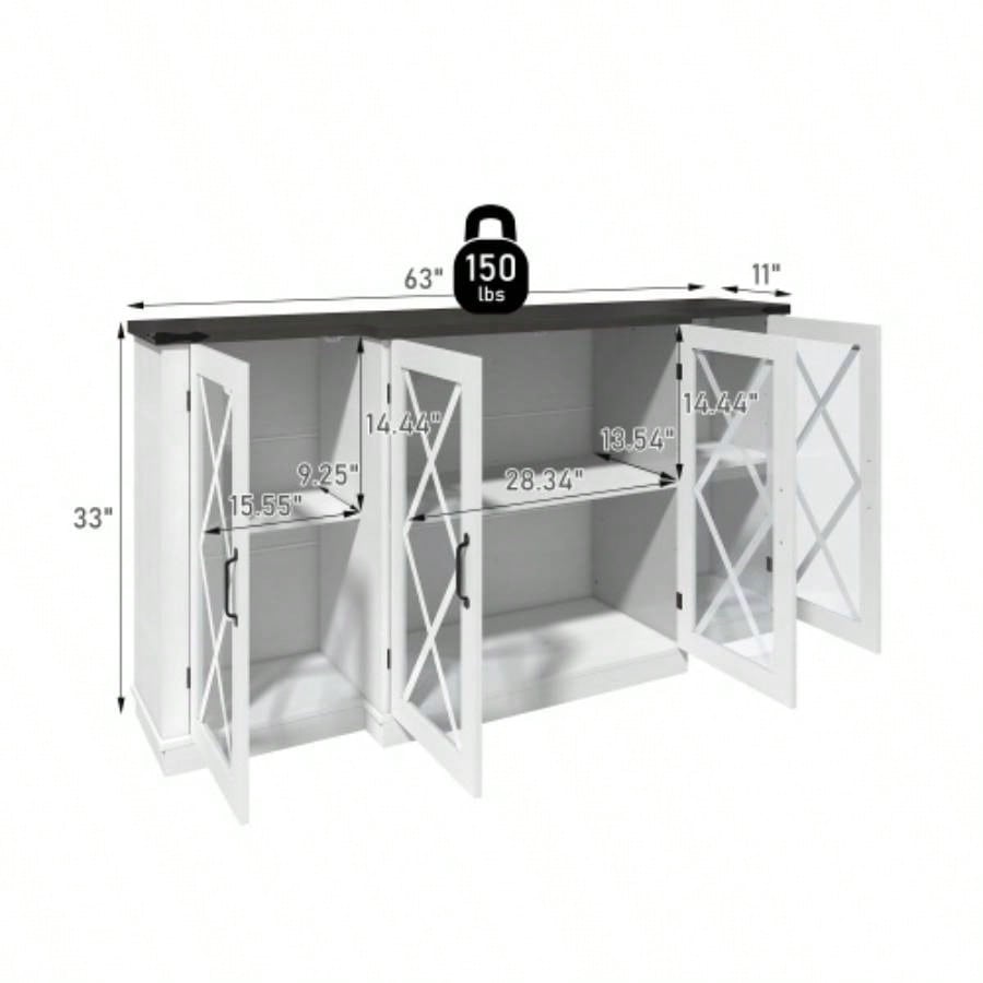 Farmhouse TV Stand wih Storage, 63 Entertainment Center, Wooden Media TV Console with Height Adjustable Shelves Living Room