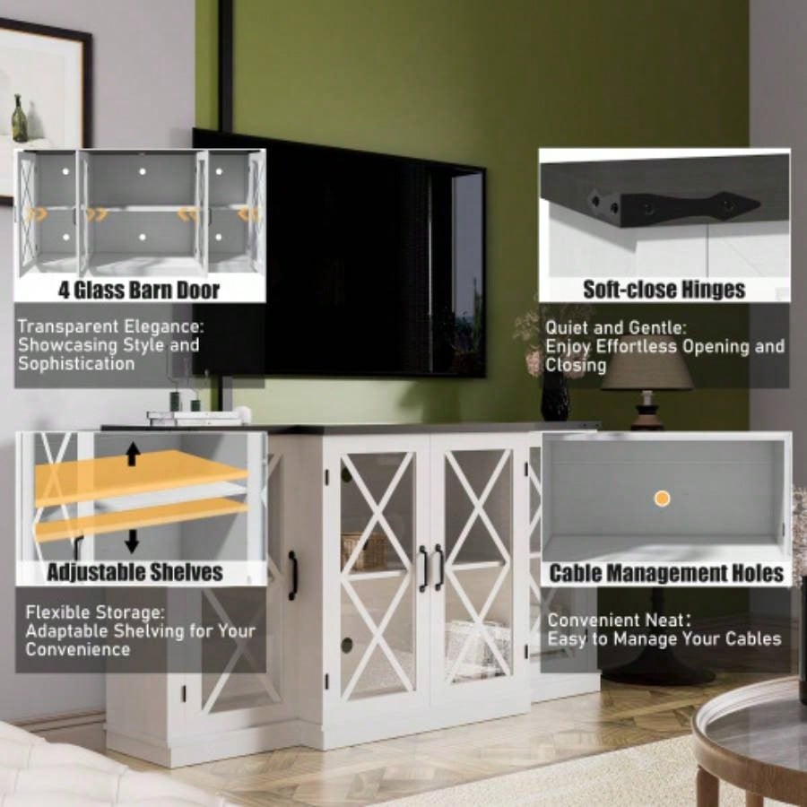Farmhouse TV Stand wih Storage, 63 Entertainment Center, Wooden Media TV Console with Height Adjustable Shelves Living Room