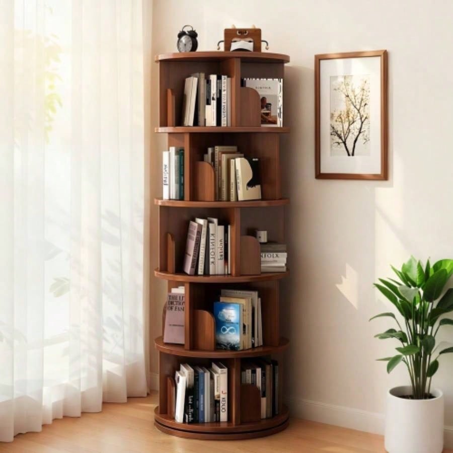 6 Tier Rotating Bookshelf, 360 Display Round Spinning Bookshelf with Wheels and Drawer, Space - Saving, Small Space Rotating Bookshelf Tower Bedroom, Living Room, Home, Office, Wood Color
