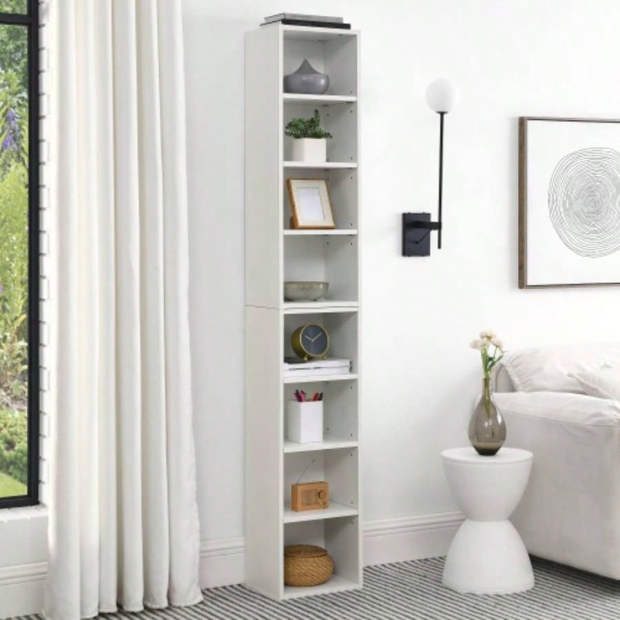 8 - Tier Media Tower Rack, CD DVD Slim Storage Cabinet with Adjustable Shelves, Tall Narrow Bookcase Display Bookshelf Home Office, Multi - functional double - decker bookcase