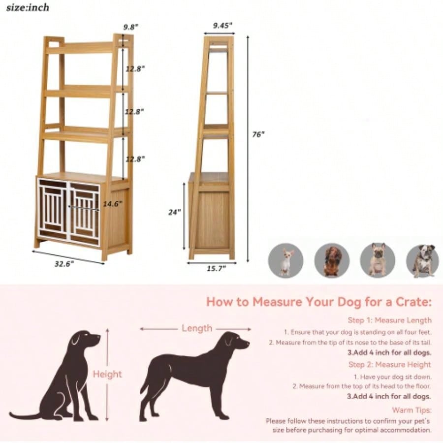 Modern 2 IN 1 Dog Furniture Dog Crate Ladder Bookshelf, Tall Wood Display Shelf with Storage, Dog Kennel Bookcase