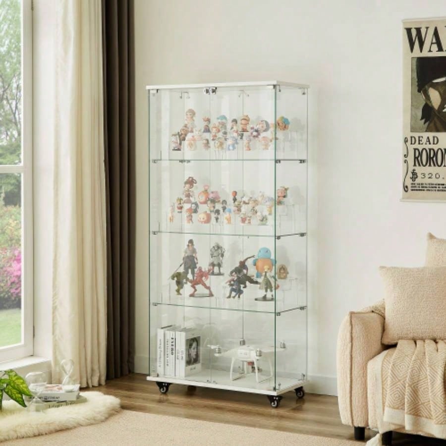 4 Tier Glass Display Cabinet, Single Door Glass Cabinet with Lock and Wheels, Floor Standing Storage Cabinet with 3 Acrylic Shelves Living Room, Bedroom and Office, White, 15.8Lx 14.2x 65.1H