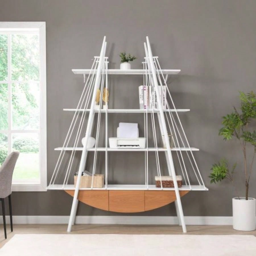 Sailboat - Inspired Bookshelf, 70.87 inch Industrial 4 - Tier Open Storage Shelf with Drawer, Wooden Metal Freestanding Bookcase, Sturdy Display Rack Living Room, Office Home Decoration.