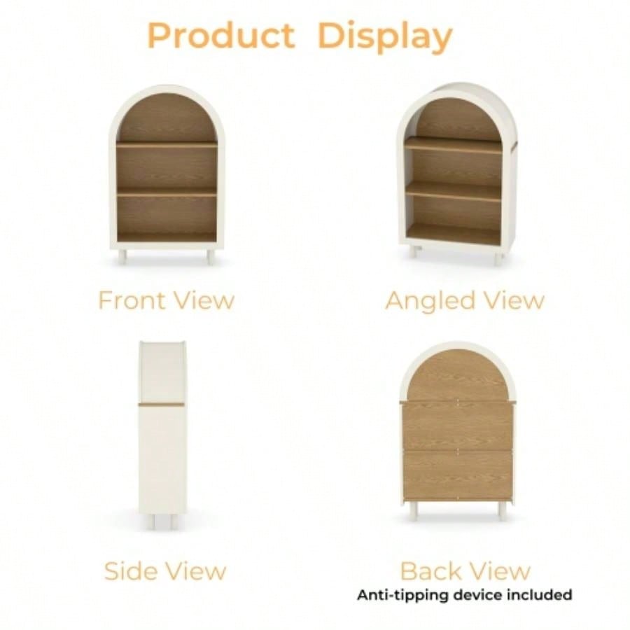 Arched Small Bookcase, Arched Storage Cabinet, Wooden Modern Arched Top Bookshelf with 3 Shelves, White with Woodgrain Shelves, 3 - Tier Storage Shelf Living Room, Bedroom, Entryway