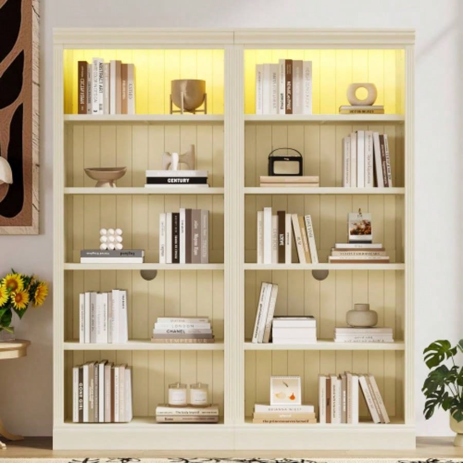 83.4 Tall Wood Bookcase with light strip, 5 - Tier Decor Bookshelves with Adjustable Shelves, Storage Organizer CDs/Books, Standing Storage Shelves Living Room, Home Office, Beige and Yellow