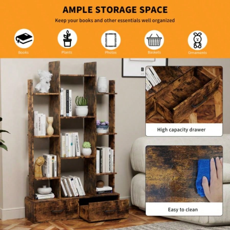 Bookshelf with 2 Drawers, Industrial Freestanding Open Display Shelving, Vintage Open Bookcase, 12 Storage Shelves, Book Bedroom, Living Room, Home Office, Rustic Brown