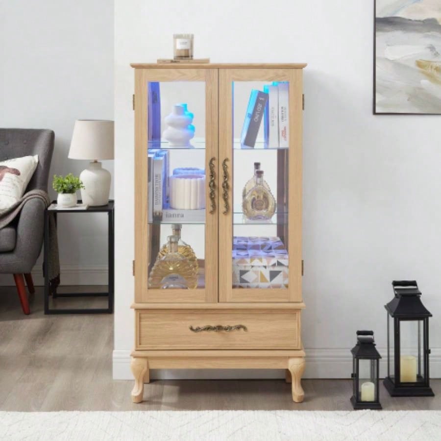 Lighted Curio Cabinet - Elegant Glass Display Cabinet with Adjustable Shelves, 2 Doors, and 1 Drawer - Wine Storage Sideboard with Included Bulb - Light Oak